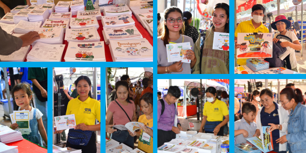 Collage: TukTuk staff at the Cambodia Book Fair booth show storybooks and worksheet books to visitors