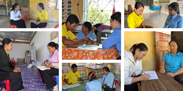 Collage: TukTuk staff interview teachers one by one in classrooms for the CLIP3 baseline survey