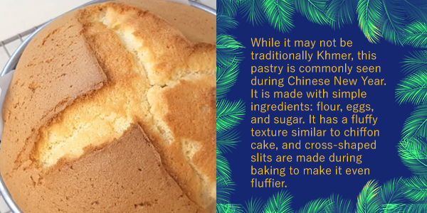 A golden duck egg sponge cake with cross-shaped slits, beside text about the Chinese New Year pastry