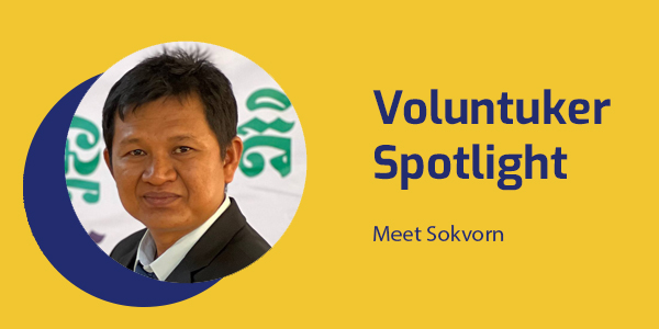 Voluntuker Spotlight banner with a portrait of Sokvorn, a Rotary Club of Pursat member and school principal