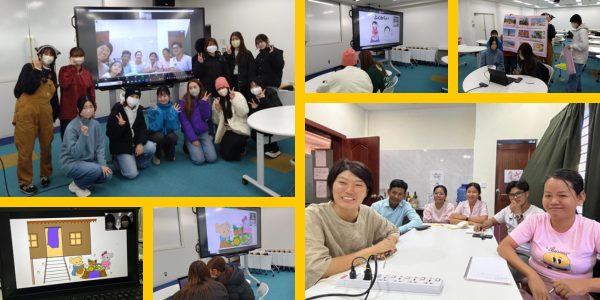 Collage: Japanese university students join TukTuk staff by video call to present their group projects