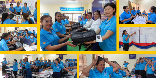 Collage: teachers receive laptops, practise computer skills, join songs and exercises, and plan lessons at the 1st workshop