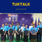 TukTalk 76 cover: teachers in blue shirts pose with new laptop bags and TukTuk staff at the first CLIP3 workshop