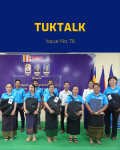 TukTalk 76 cover: teachers in blue shirts pose with new laptop bags and TukTuk staff at the first CLIP3 workshop