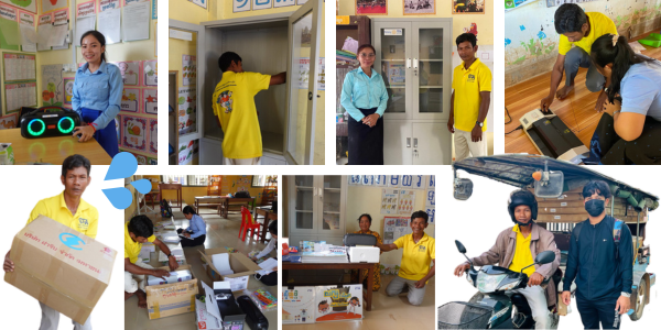 Collage: TukTuk staff deliver and install CLIP3 cabinets, speakers and boxes at schools, travelling by tuk-tuk