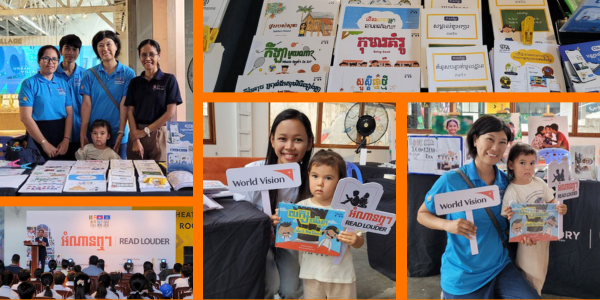 Collage: TukTuk staff at the World Vision Read Louder event, with Tukbooks on display and a stage with an audience