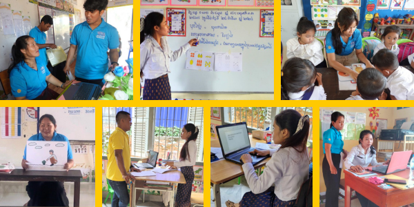 Collage: TukTuk staff visit preschool classrooms, observe lessons, and teachers practise computer skills at laptops during follow-up visits