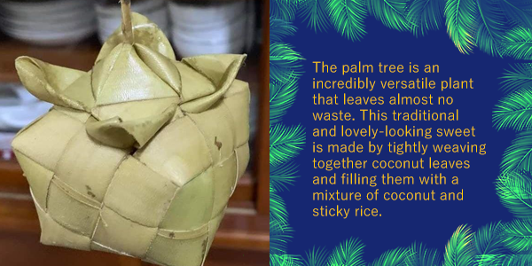 A woven palm-leaf parcel of sticky rice sweet, beside text on the versatile, waste-free palm tree