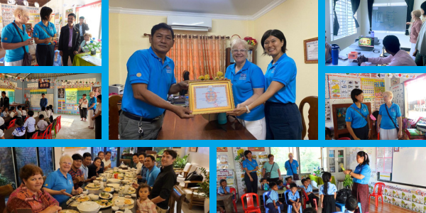 Collage: Manon poses with staff holding a framed certificate, visits preschool classes, and shares a meal with hosts