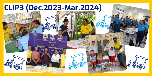 Collage titled CLIP3 (Dec. 2023 to Mar. 2024) showing workshops, teachers with equipment and group photos, with tuk-tuk icons