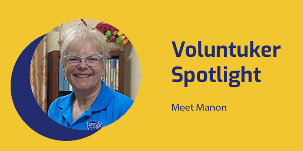 Voluntuker Spotlight banner with a smiling portrait of Manon, Rotary volunteer from Calgary, wearing a blue TukTuk shirt