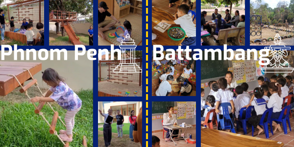 Collage of preschool classrooms and play areas in Phnom Penh and Battambang, with children playing outdoors and learning at desks