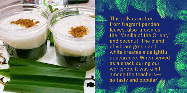 Two cups of pandan agar jelly topped with coconut cream, beside text describing the jelly served at the workshop