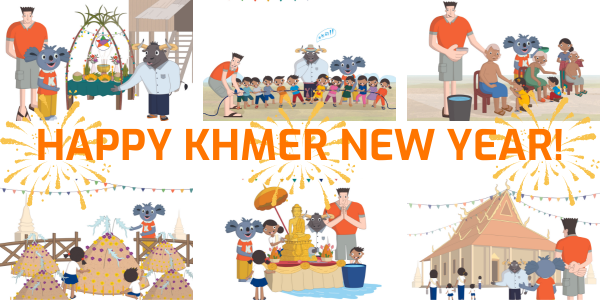 Illustrated Khmer New Year scenes of offerings, water splashing and temple visits, with the text Happy Khmer New Year