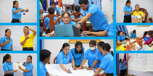 Workshop collage: teachers practise on laptops, show an experiment, hold up drawings and work together over large paper