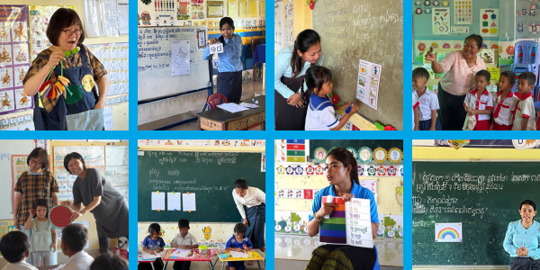 Collage of the follow-up visit: teachers lead lessons with props, picture cards and drawings in preschool classrooms