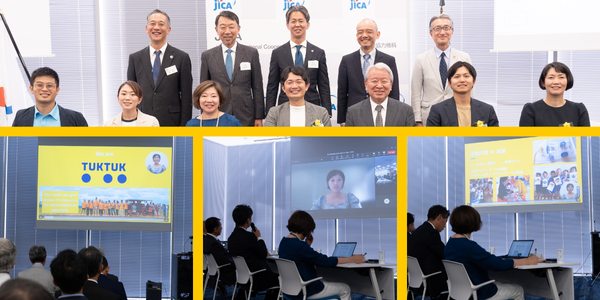 Collage of the JICA award event: officials and award recipients pose on stage, and a TukTuk presentation shown on screen