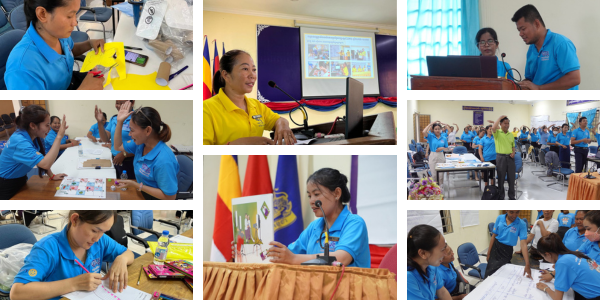 Workshop collage: teachers at laptops and craft tables, a presenter at a podium, a woman holding up a picture book
