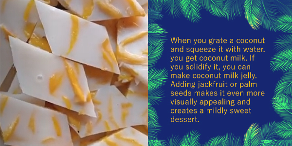 Cut pieces of white coconut milk jelly with yellow strips, beside text on making coconut milk jelly
