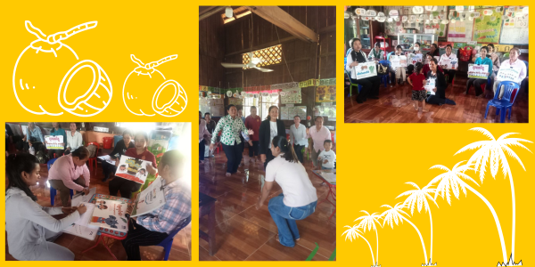 Collage of teachers meeting in a wooden hall, sharing songs and materials, with coconut illustrations on yellow