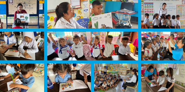 Collage of preschool classroom visits: children drawing, reading, raising hands and listening to teachers