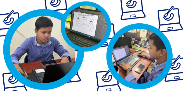 A young man works at a laptop and drawing screens appear in circular photos on a laptop-pattern background