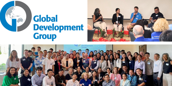 Global Development Group logo beside photos of a panel discussion and a large group photo of network meeting participants