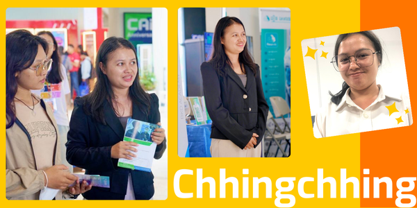 Banner of ChhingChhing: photos at a promotion booth and a smiling portrait, with her name in white text