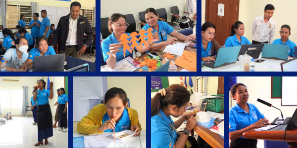 Workshop collage: teachers at laptops, paper-chain crafts, a game with straws and a speaker at a microphone