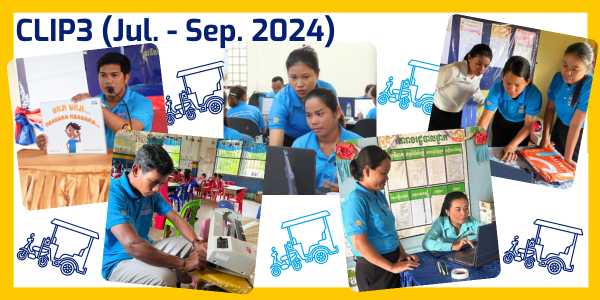 Collage: CLIP3 activities from July to September 2024, with teachers and TukTuk staff at workshops and school visits
