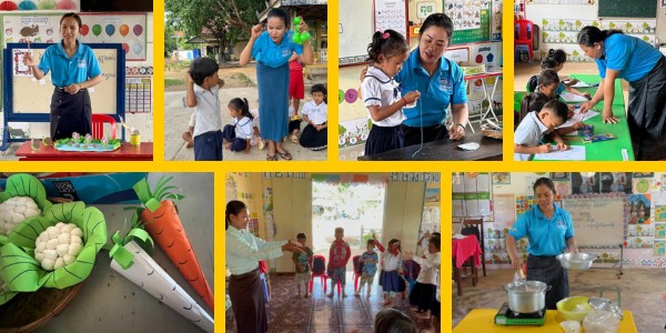 Collage: TukTuk staff observe preschool classes with games, crafts and a cooking experiment during the 4th school visit