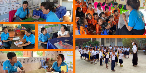 Collage: TukTuk staff interview teachers for the interim survey, and children gather in class and outdoors