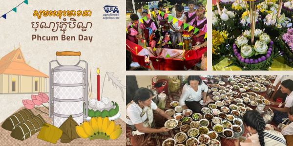 Collage: Pchum Ben Day poster with photos of families preparing food offerings and flowers for the temple