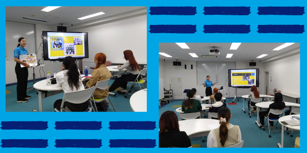 Collage: a TukTuk staff member introduces TukTuk to university students in a classroom in Japan