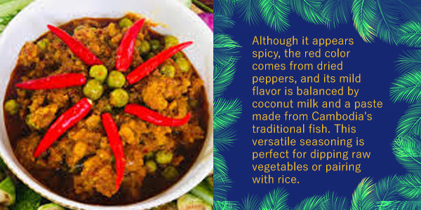 Brahok Khteah, a red dip made with dried peppers and coconut milk, with text describing the Cambodian condiment