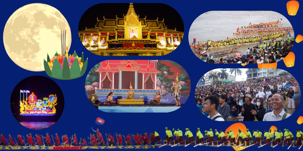 Collage: the full moon, the royal palace, boat races, crowds and fireworks at the Water Festival