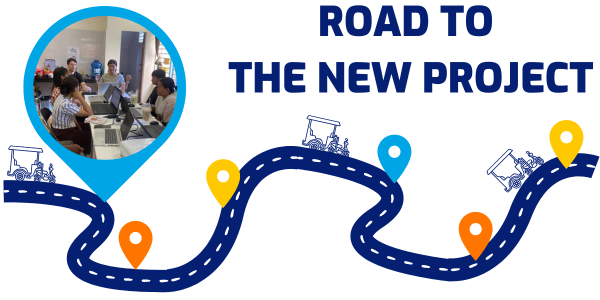 Graphic titled Road to the new project, with a photo of staff and partners meeting at laptops around a table