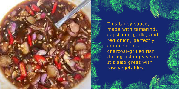 Tuk Trei Ampil Toum, a tamarind sauce with capsicum, garlic and red onion, with text describing the Cambodian dipping sauce