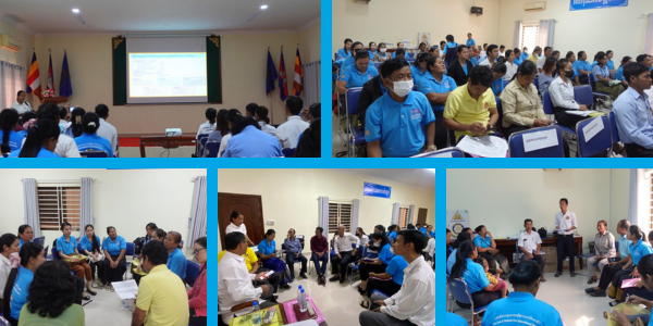 Collage: officials, teachers and TukTuk staff listen to presentations and hold group discussions at the CLIP3 annual meeting