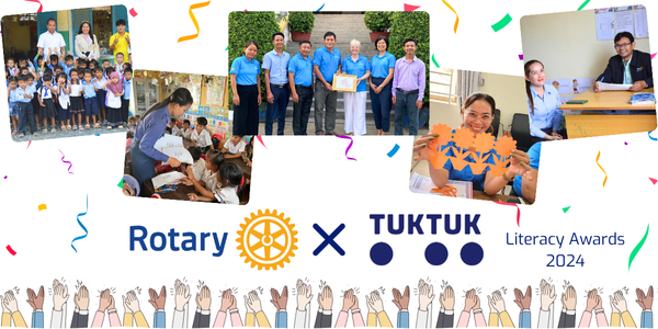 Collage: Rotary and TukTuk Literacy Awards 2024, with photos of children, teachers and TukTuk staff celebrating CLIP3