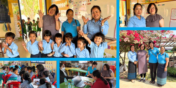 Collage: TukTuk staff and a visiting specialist pose with preschool children and teachers during the school visit