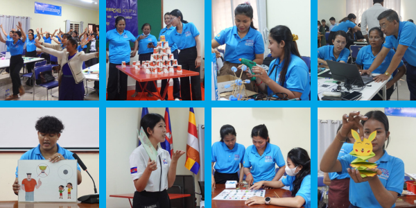 Collage: teachers dance, stack cup towers, make crafts and use laptops at the 5th workshop