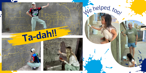 Collage: Pil and helpers paint a mural on the new studio wall, captioned Ta-dah and We helped, too