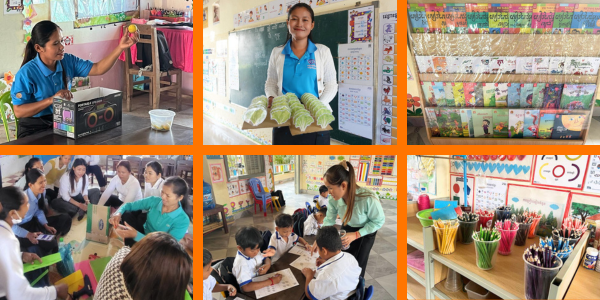 Collage: classrooms during the follow-up school visits, with teachers' displays, book shelves, crafts and children at work