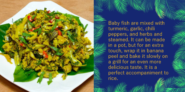Khnab Kaun Trei, turmeric steamed baby fish with herbs on a banana leaf, with text describing the dish