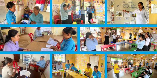 Collage: preschool teachers discuss lesson plans and give mock classes at technical meetings and school visits