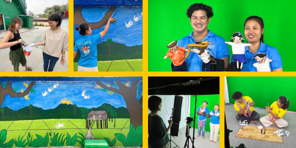 Collage: volunteers paint the countryside mural backdrop, and staff perform with puppets in front of a green screen