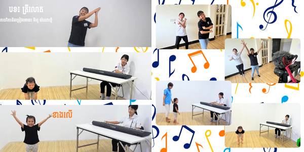 Collage: video stills of action songs, with a woman at a keyboard and children and adults dancing in a studio