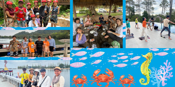 Collage: TukTuk staff go ziplining, share a seafood meal, ride a boat and play at the seaside