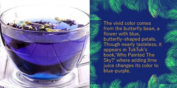 Butterfly pea flower tea in a glass cup, with text explaining how lime juice turns its colour blue-purple